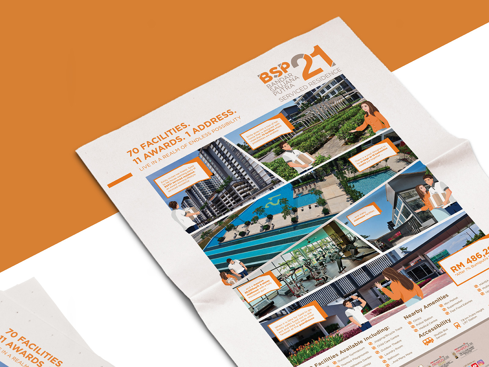 LBS Bina Group BSP21 key visual development for press ad in comic strip style that introduces the property and facilities which is bold and different and captures the attention of the readers